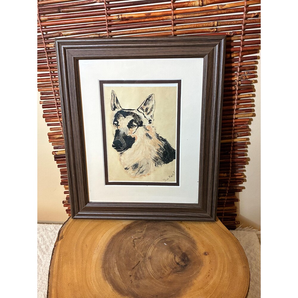 Vintage Original Art, German Shepherd Dog Portrait Painting, Mid Century